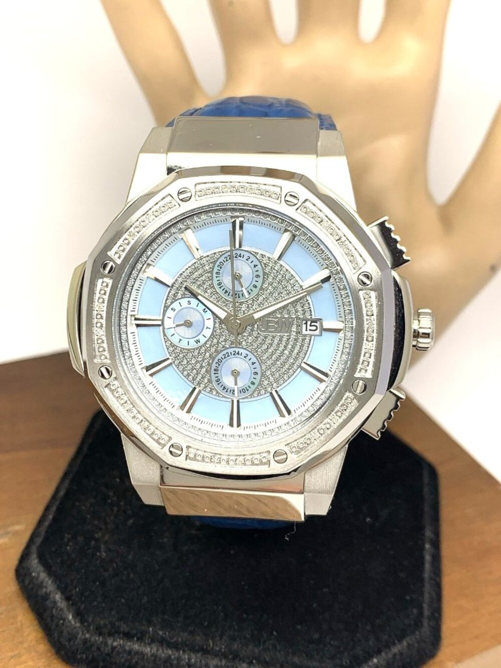 JBW Men's Watch JB-6101L-10B Saxon Swiss Quartz Diamond Blue Dial Leather 48mm